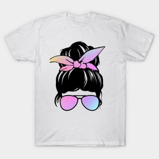 Messy Bun with Gradient Bow and Sunglasses T-Shirt